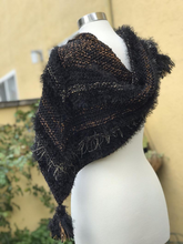 Load image into Gallery viewer, Black Knitted Shawl, Knitted Neckerchief for Women, Shawl with Fringe, Triangular Handkerchief, Mottled Knitted Handknitted-The Garden of Felt by Marina