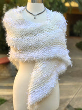 Load image into Gallery viewer, White Knitted Triangular Shawl, Wedding Knitted Neckerchief Triangular Handkerchief, Mottled Knotted Scarf, Wedding Wrap-The Garden of Felt by Marina