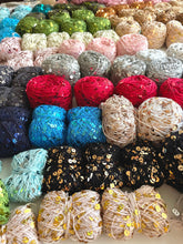 Load image into Gallery viewer, 50g/Ball /140M Royal Double Sequins Cotton Yarn for Nuno Felting, Knitting, Crochet, Art Yarn, 6mm & 3mm Decorative Shiny Sparkly Yarn