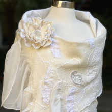 Load image into Gallery viewer, White Nunofelting Silk Scarf for Women, Hand Felt Shoulder Wrap, Nuno Felted Scarf, Wedding Textured Shawl, Felt Silk Scarf, Wool Scarf-The Garden of Felt by Marina