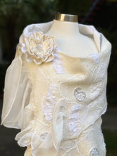 Load image into Gallery viewer, White Nunofelting Silk Scarf for Women, Hand Felt Shoulder Wrap, Nuno Felted Scarf, Wedding Textured Shawl, Felt Silk Scarf, Wool Scarf-The Garden of Felt by Marina