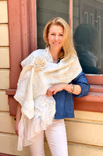 Load image into Gallery viewer, White Nunofelting Silk Scarf for Women, Hand Felt Shoulder Wrap, Nuno Felted Scarf, Wedding Textured Shawl, Felt Silk Scarf, Wool Scarf-The Garden of Felt by Marina