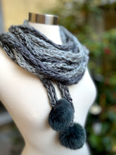 Load image into Gallery viewer, Gray Handmade Knitted Lariat Scarf with Mittens , Knit Handmade Scarf with Pom-Pom