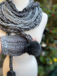 Gray Handmade Knitted Lariat Scarf with Mittens , Knit Handmade Scarf with Pom-Pom