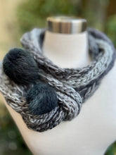 Load image into Gallery viewer, Gray Handmade Knitted Lariat Scarf with Mittens , Knit Handmade Scarf with Pom-Pom