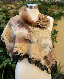 Felted Scarf with silk for Women, Handmade silk double- sided scarf, Scarf with brooch, Wool scarf with Alpaca, Gift for Mom-The Garden of Felt by Marina