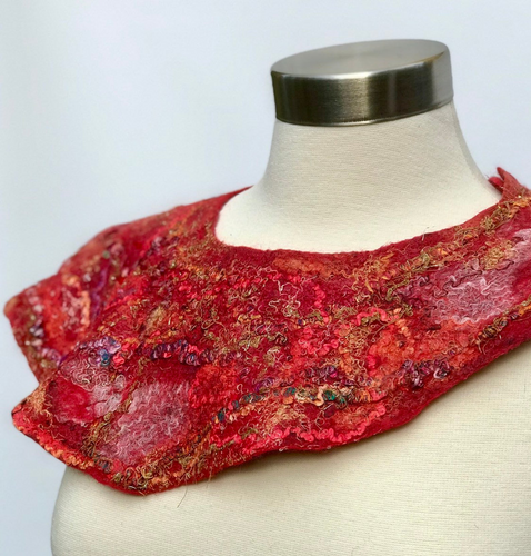 Red Felted Collar for Women, Handmade Necklace With Glass Beads, Wool Felt Collar Necklace-The Garden of Felt by Marina