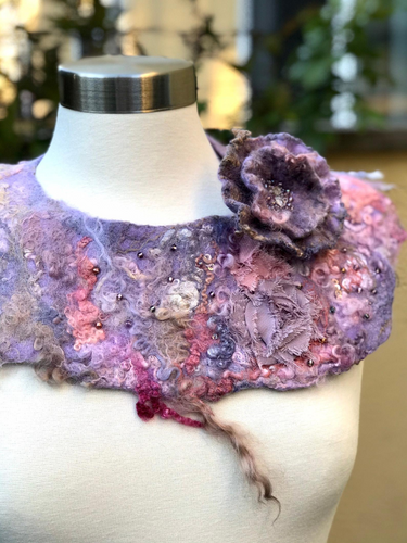 Purple Felted Collar for Women, Handmade Neck with Beads, Wool Felt Collar Necklace, Fiber Unique Jewelry-The Garden of Felt by Marina