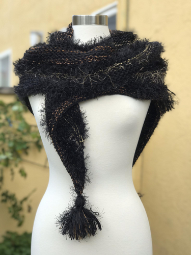 Black Knitted Shawl, Knitted Neckerchief for Women, Shawl with Fringe, Triangular Handkerchief, Mottled Knitted Handknitted-The Garden of Felt by Marina