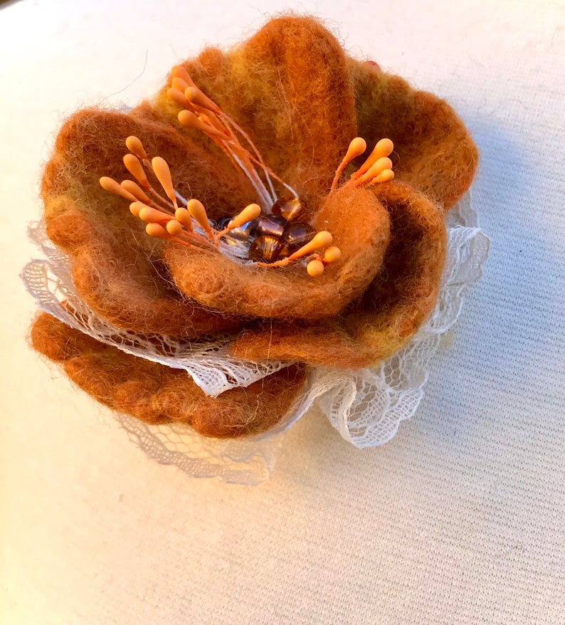 Merino Wool Silk Brooch Felted Wearable Art Feminine Statement Piece Retro Look Dress Hat Accessories Floral Jewelry Pretty Flower Brooch-The Garden of Felt by Marina