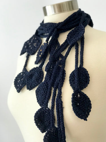 Knitted Lariat Scarf in Leaves Pattern, Scarf Necklace in Dark Navy Color-The Garden of Felt by Marina