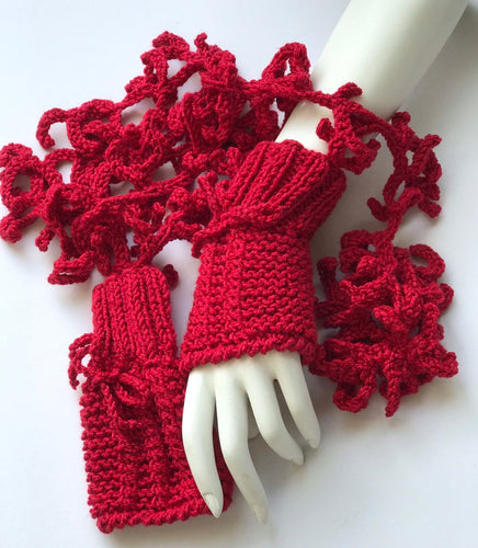 Red knitted Scarf and Mittens for Women