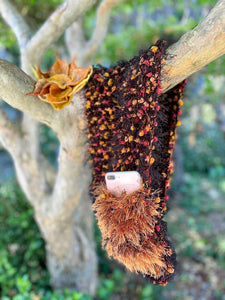 Black, Orange Hand Knitted Scarf for Women with Pocket. Eyelash Fur-The Garden of Felt by Marina