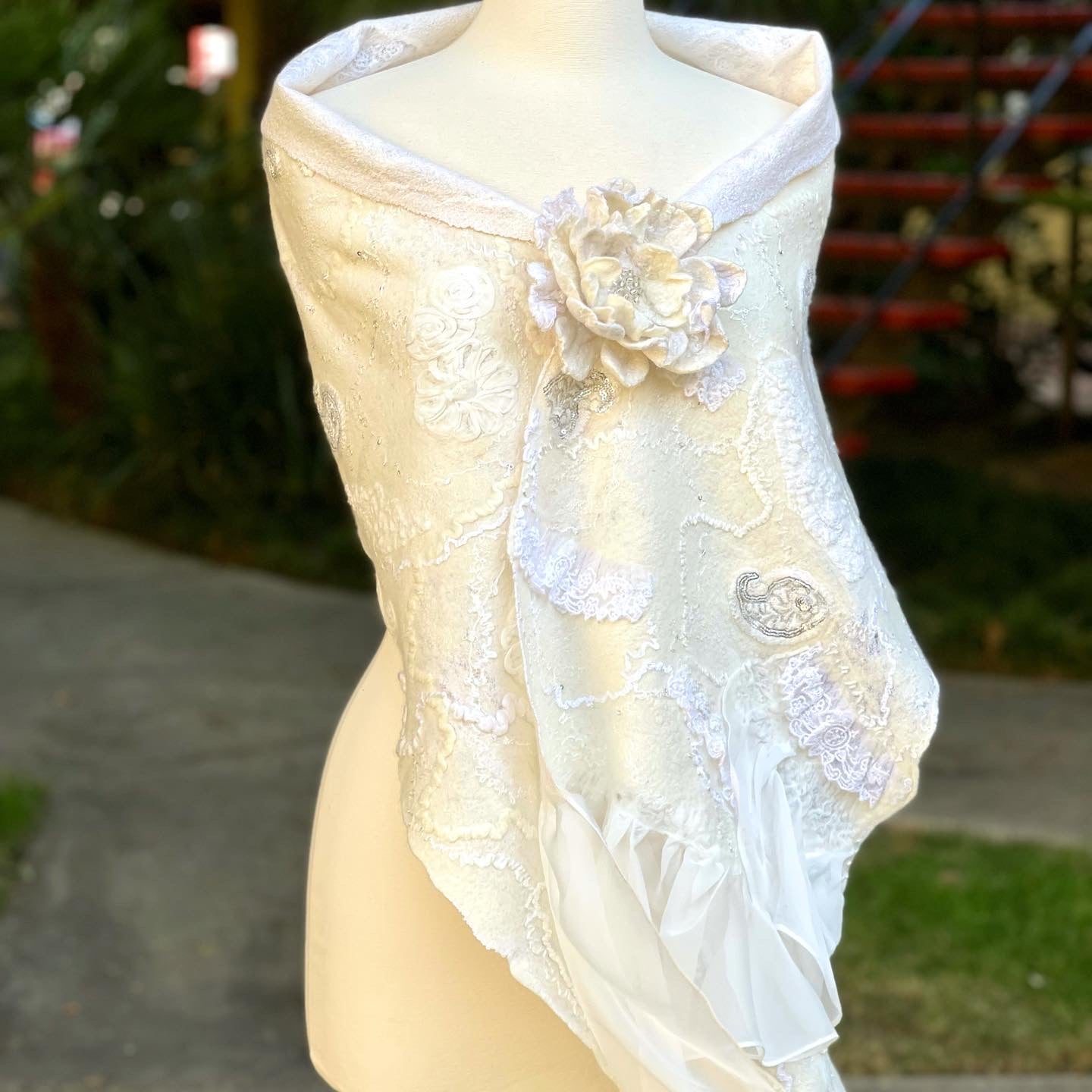 White Nunofelting Silk Scarf for Women, Hand Felt Shoulder Wrap