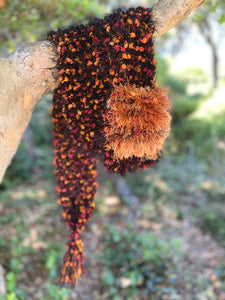 Black, Orange Hand Knitted Scarf for Women with Pocket. Eyelash Fur-The Garden of Felt by Marina