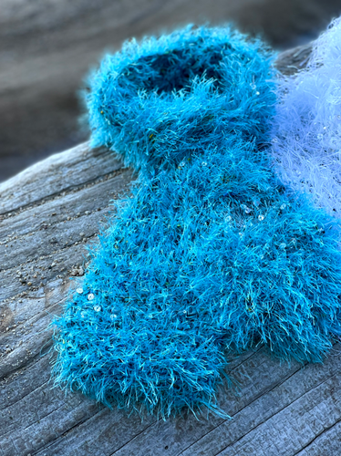 Aquamarine Hand Knitted Scarf for Women, Soft Eyelash Fur-The Garden of Felt by Marina