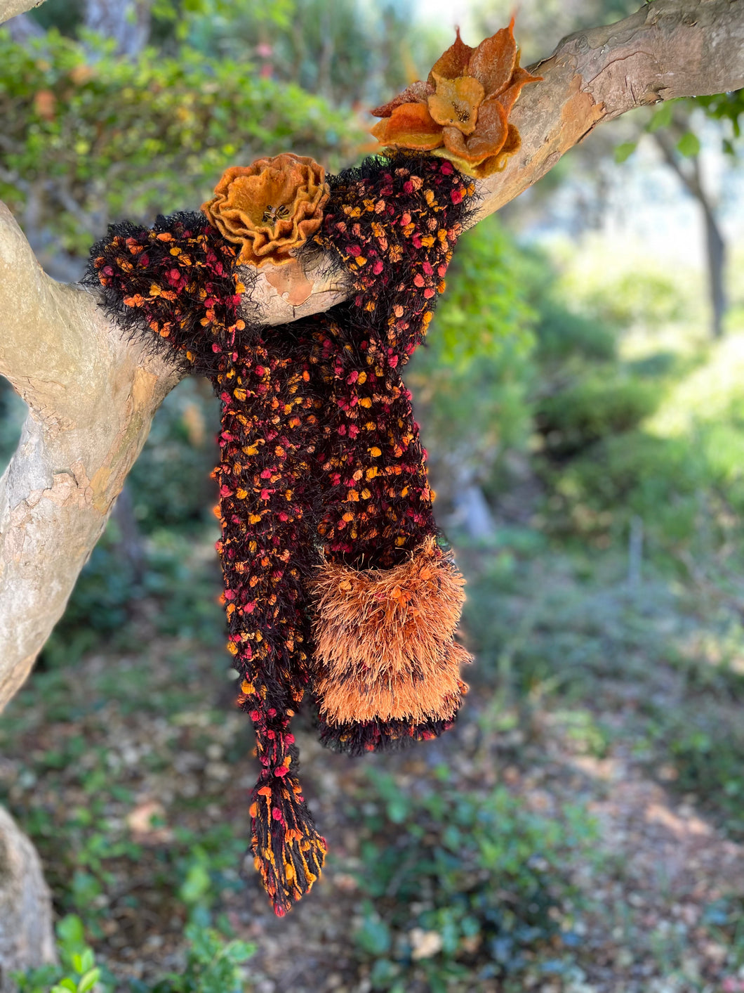 Black, Orange Hand Knitted Scarf for Women with Pocket. Eyelash Fur-The Garden of Felt by Marina