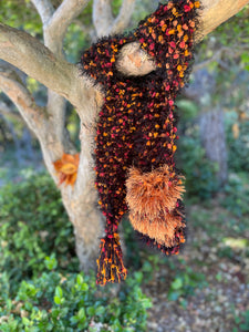 Black, Orange Hand Knitted Scarf for Women with Pocket. Eyelash Fur-The Garden of Felt by Marina