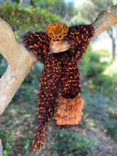 Load image into Gallery viewer, Black, Orange Hand Knitted Scarf for Women with Pocket. Eyelash Fur-The Garden of Felt by Marina