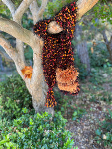 Black, Orange Hand Knitted Scarf for Women with Pocket. Eyelash Fur-The Garden of Felt by Marina