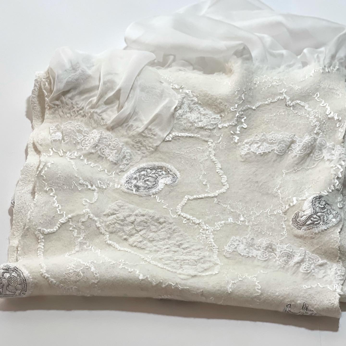 White Nunofelting Silk Scarf for Women, Hand Felt Shoulder Wrap